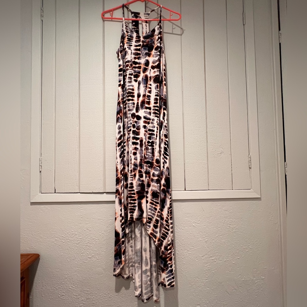 Nicole Miller Black, Brown & Cream Abstract Print High-Low Maxi Dress